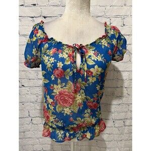HOLLISTER LIGHT BLUE WITH FLOWERS SHEER SHORT SLEEVE TOP WOMENS M
